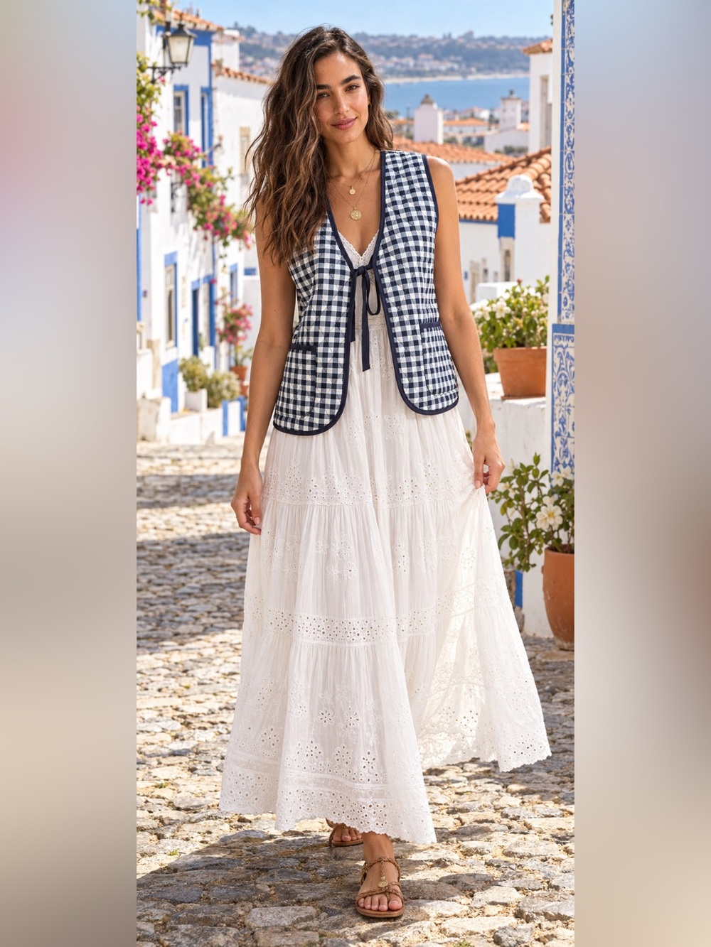 Free People Claudine Quilted Gingham Vest — Navy, Size XL, NWT